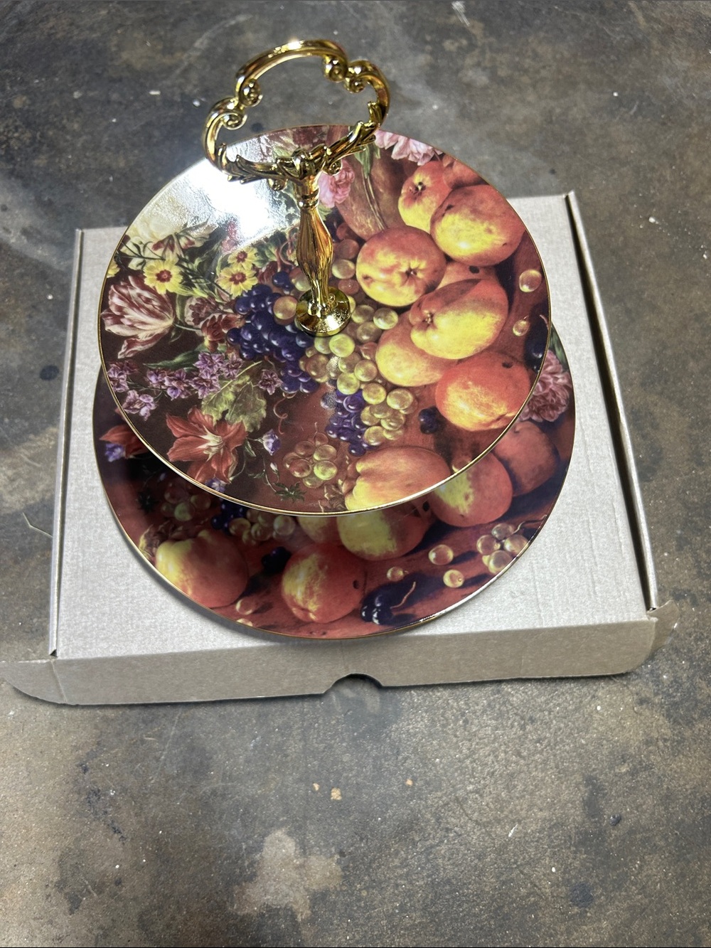 Baum Bros Two-Tier Decorative Fruit Pattern Serving Stand - Gold Handle New